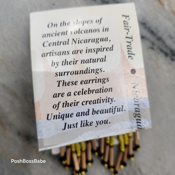 Handmade Nicaraguan Beaded Fringe Earrings Black Yellow Tribal 3" - Picture 4 of 4